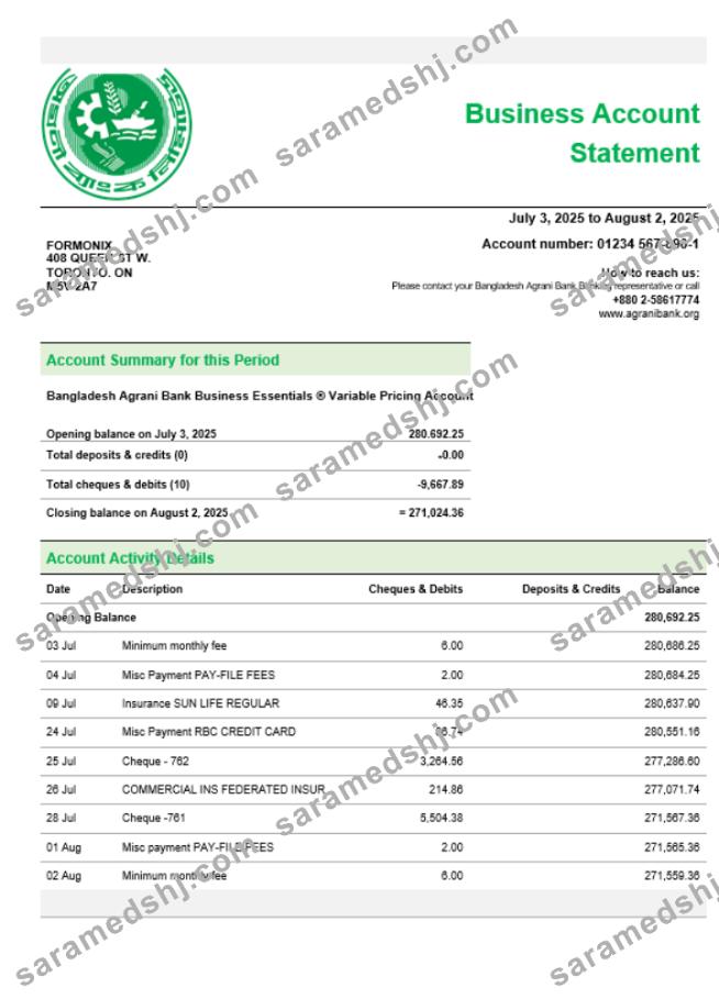 Agrani Bank firm account statement Word and PDF template